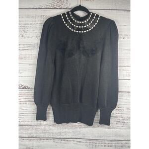 Elizabeth Sweater Womens Size M Black Beaded Collar Long Sleeve Pullover 80s VTG
